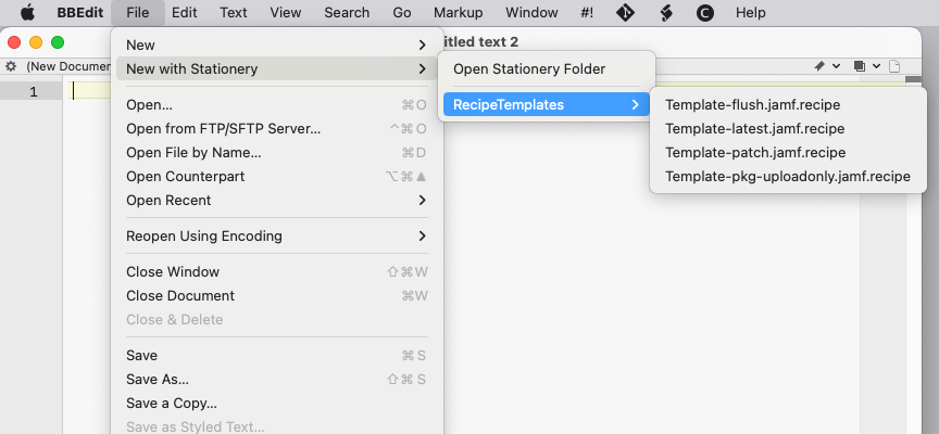 A screenshot of the File > New with Stationery menu in BBEdit, populated with a folder of .jamf recipe templates