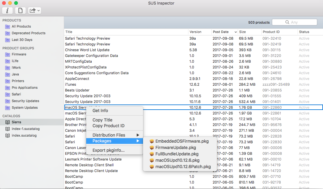 SUS Inspector shows 5 packaes in the macOS Sierra Update download