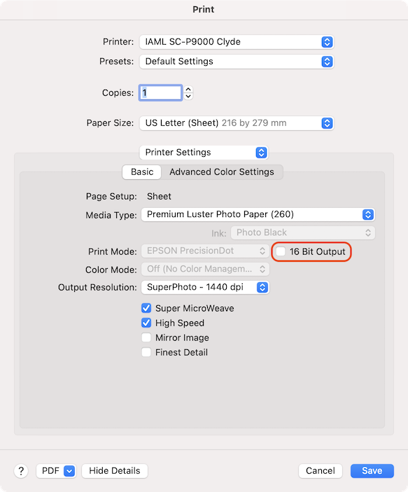 The checkbox is to the right of the Print Mode selection